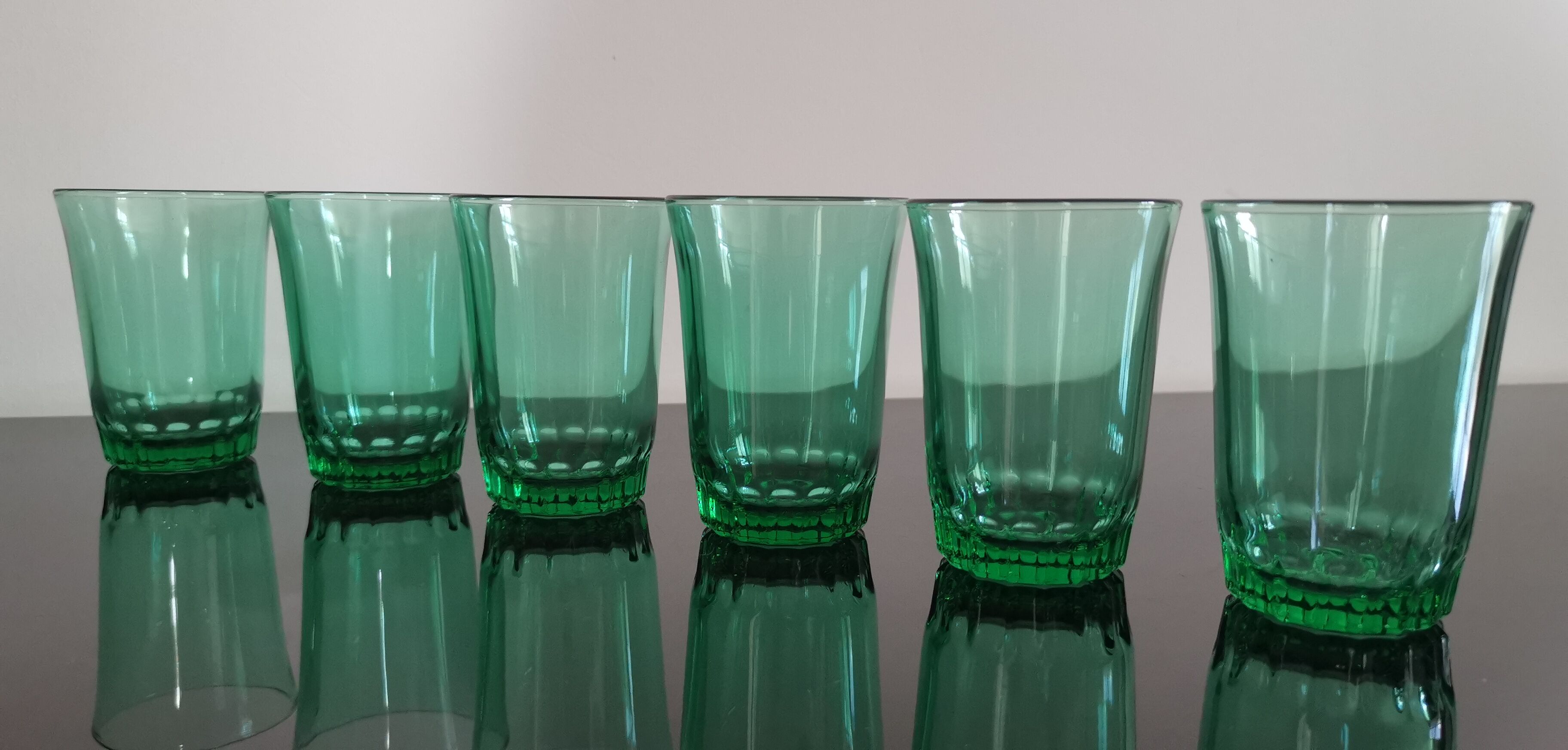 6 old emerald green water glasses