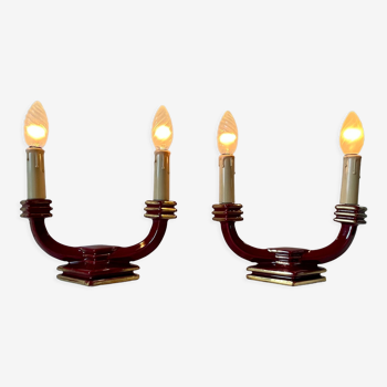 Pair of art deco candlestick lamps in burgundy earthenware and vintage gold ceramic 1930 pose