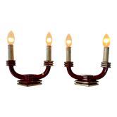 Paire de lampes bougeoir art déco en faïence bordeaux et or vintage céramique 1930 poser