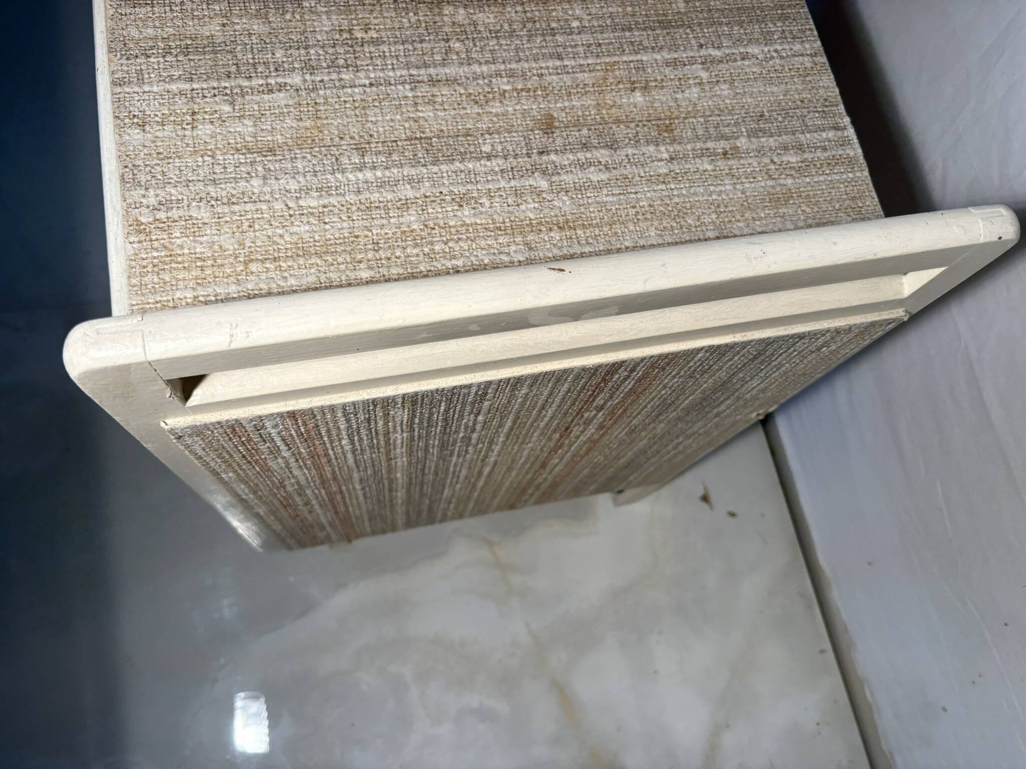 Vintage upholstered chest, white lacquered wooden structure, 1960s-70s