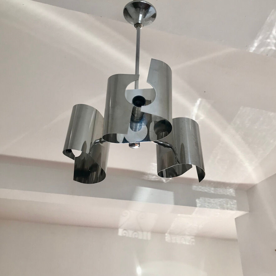 Chandelier in chromed metal and vintage stainless steel