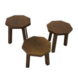 Tables d'appoint hexagonales brutalistes en chêne, années 1950, lot de 3