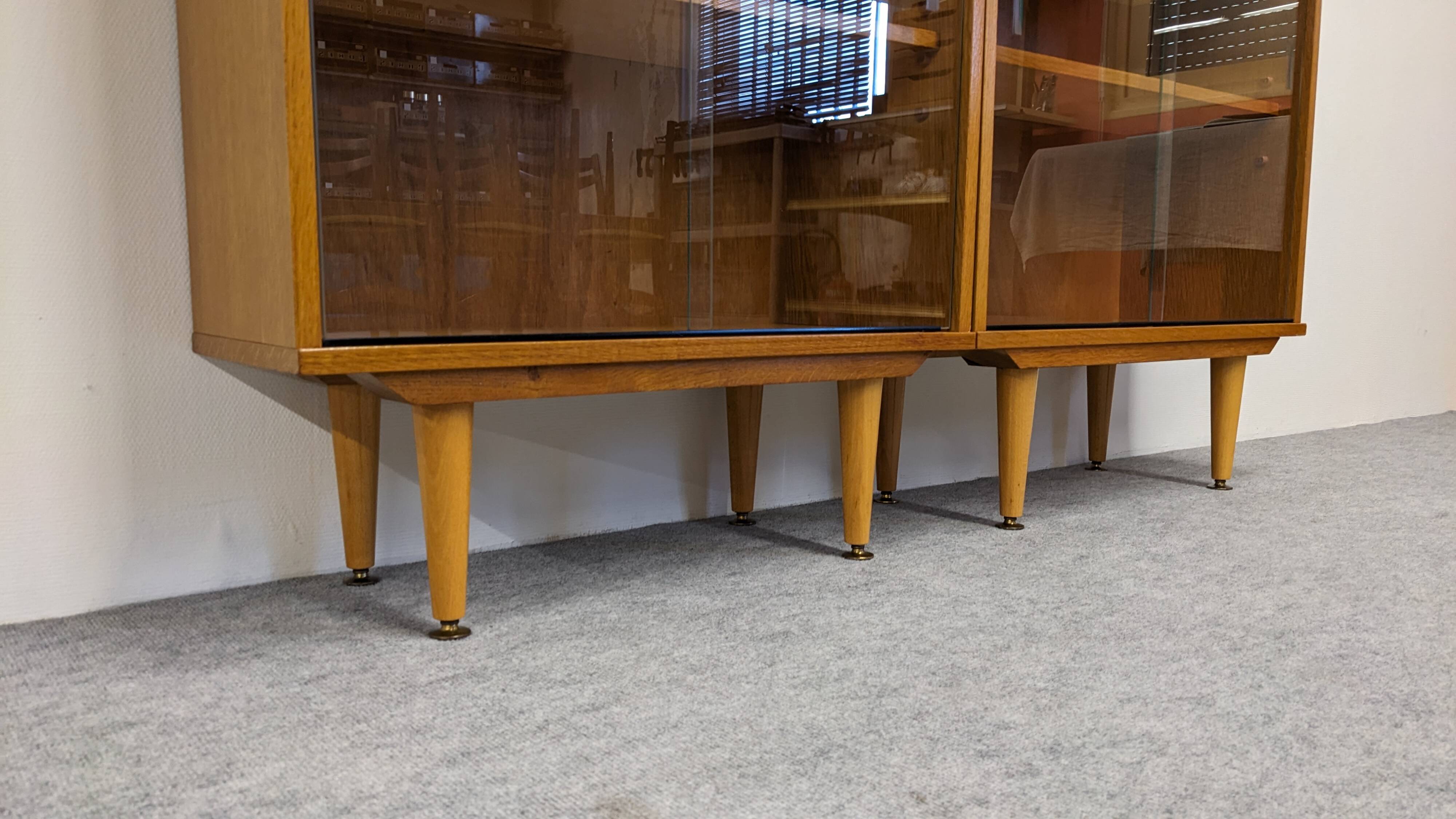 Library or display cabinet with 4 modules in light oak, France around 1960.