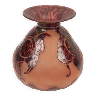 Charles schneider for le verre francais, corolla vase with floral decoration