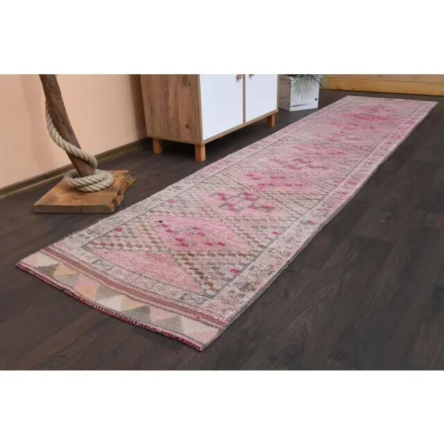Vintage Turkish Oushak handmade wool cotton pink runner rug 82x346