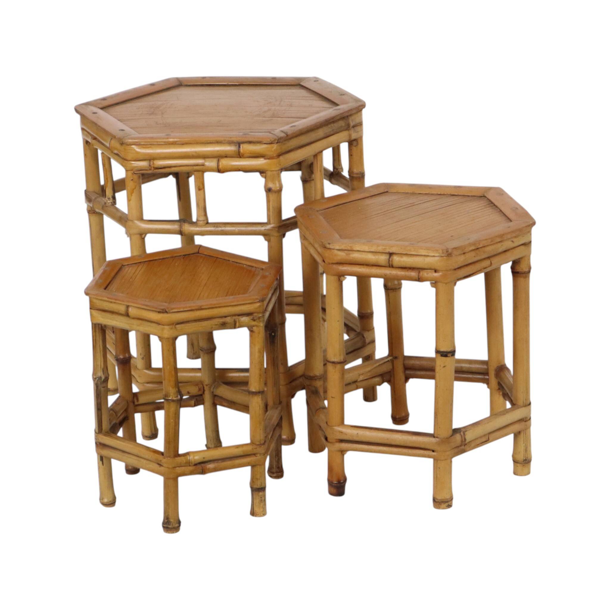 Vintage Set of 3 Bamboo and Rattan Side Tables / Nesting Tables – Boho Styl
