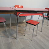 Table, 3 chairs and red formica stool