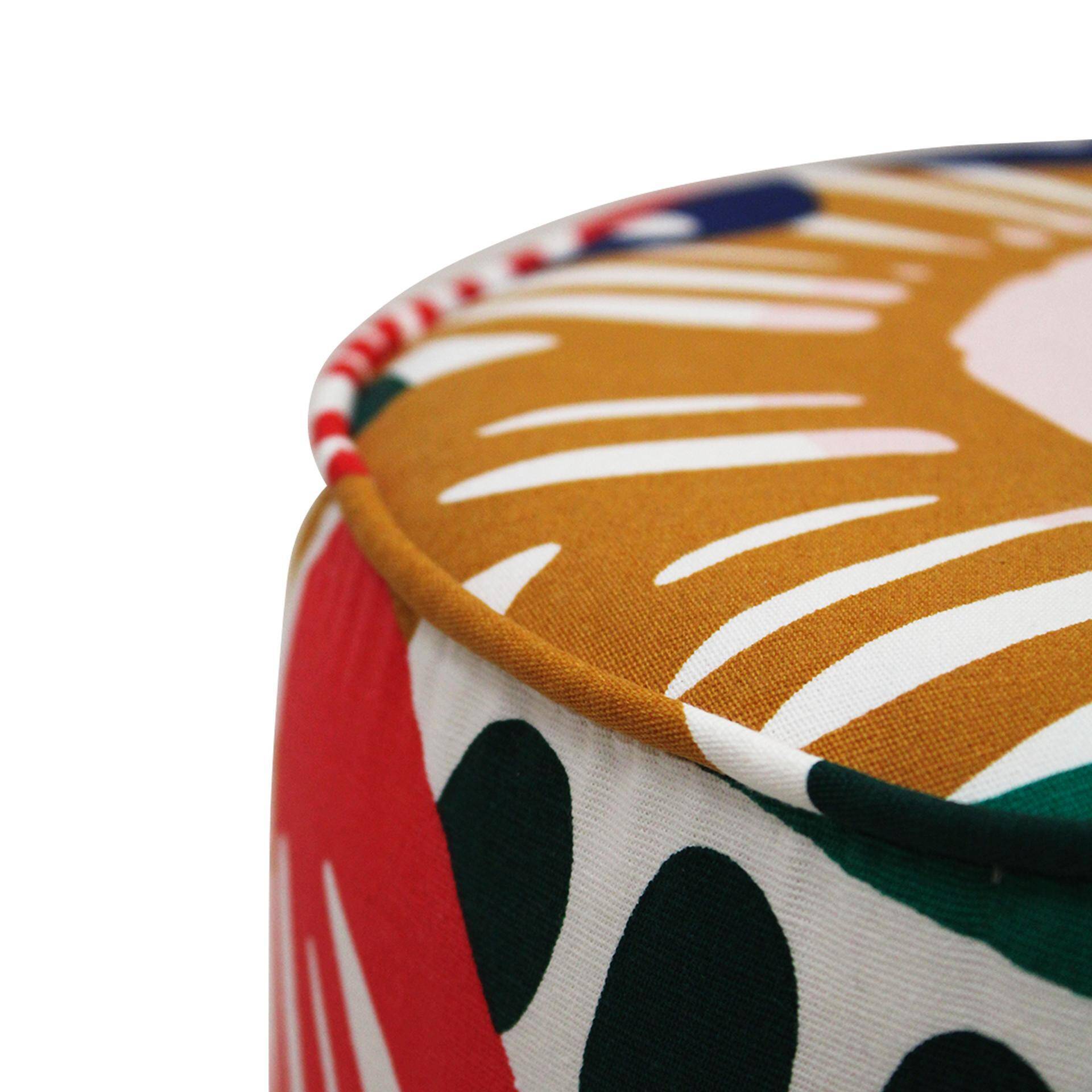 Contemporary Multicolour Floral-patterned Fabric and Brass Italian Circular Pouf
