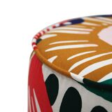 Contemporary Multicolour Floral-patterned Fabric and Brass Italian Circular Pouf