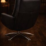 Modern Black Leather Swivel Armchair — Chrome Base — 2000s — H 107 cm