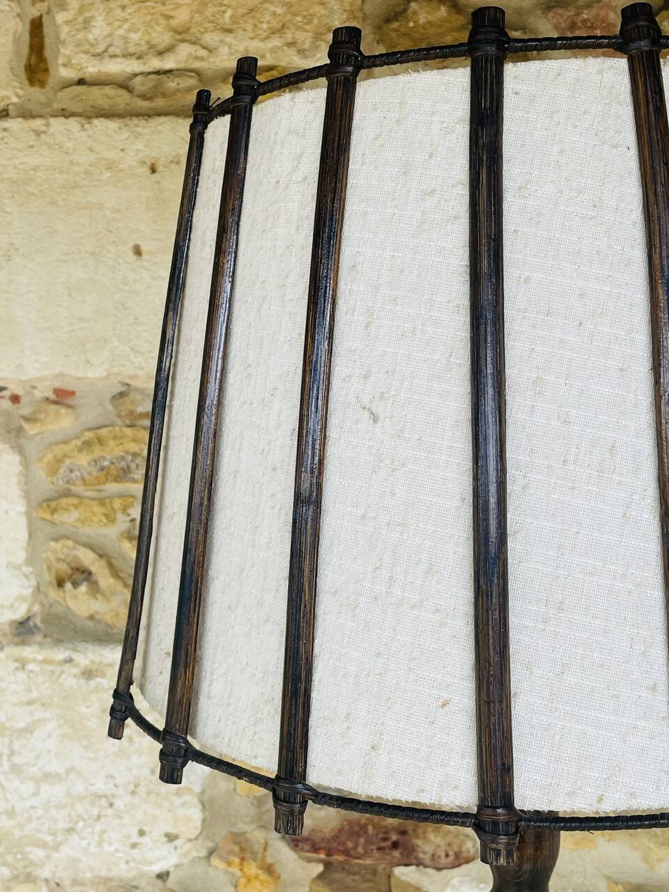 Vintage Floor Lamp Turned Wood, Bamboo Rattan Circa 1950s