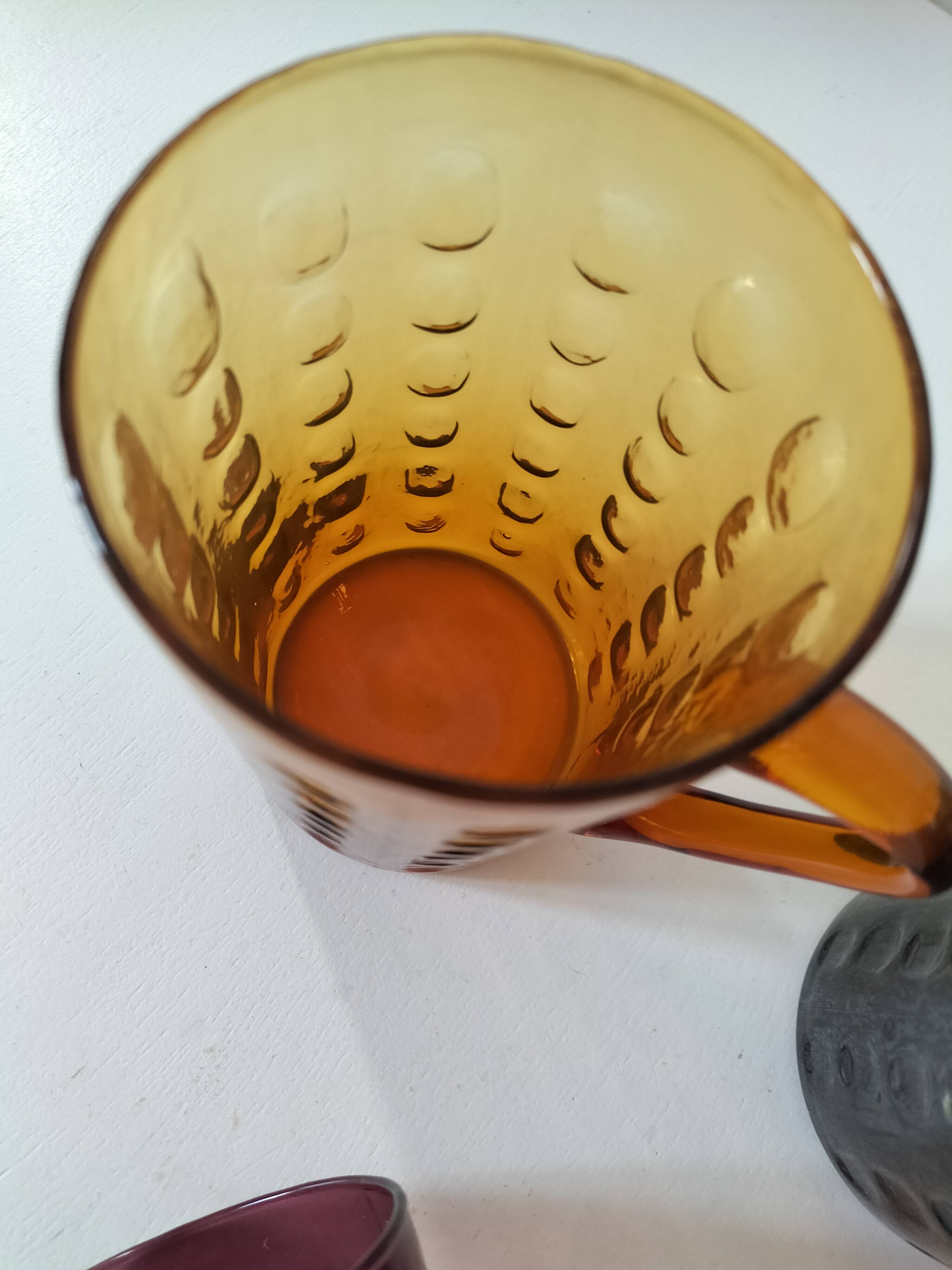 Set of 4 coloured pressed glass mugs, vintage style.