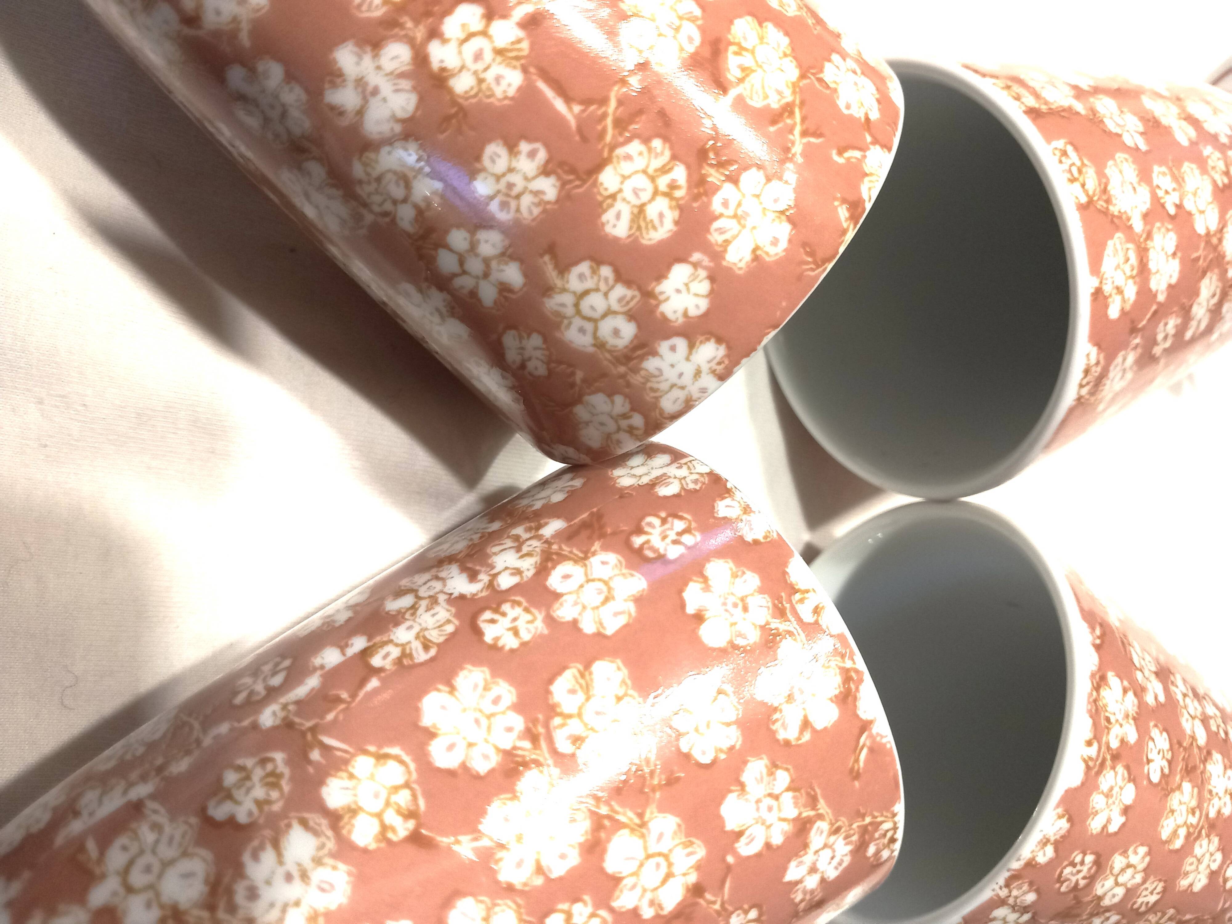 Mazagrans Coffee Cups Set of 4 with Salmon Pink Floral Decor