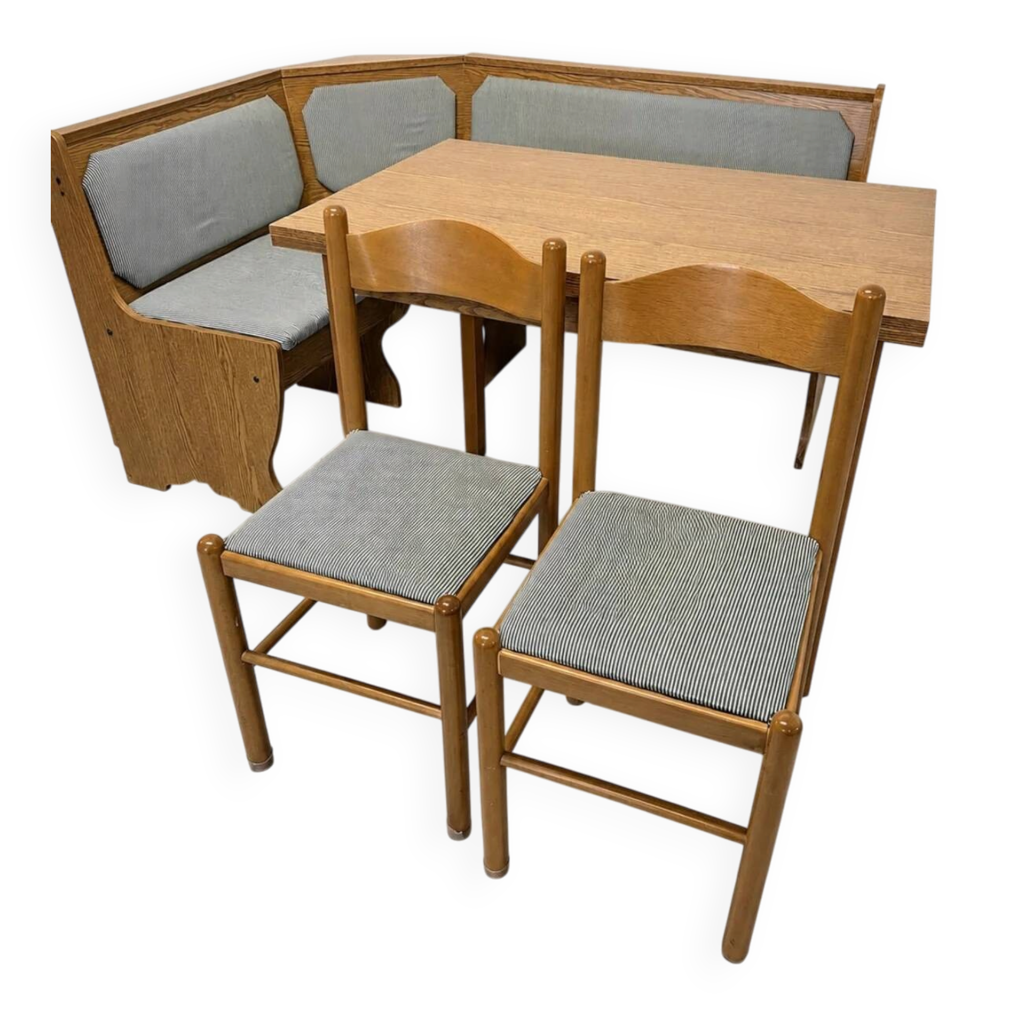 Ensemble vintage de coin repas en chêne — banquette, table extensible et 2 chaises