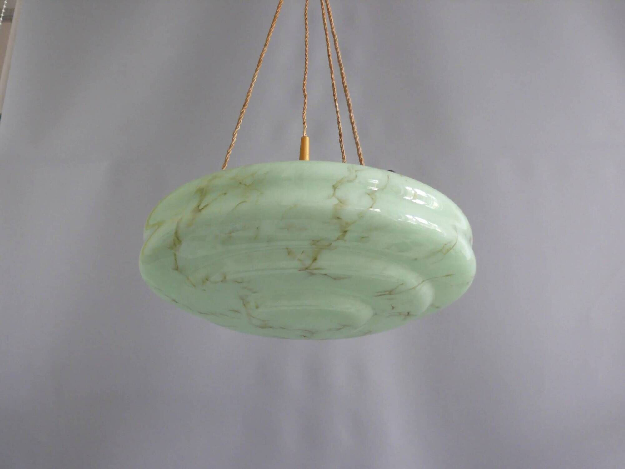 Large Art Deco pendant light in marbled glass with cord suspension, 1920s-1930s