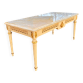 Louis XVI style coffee table in patinated and gilded wood, marble top.