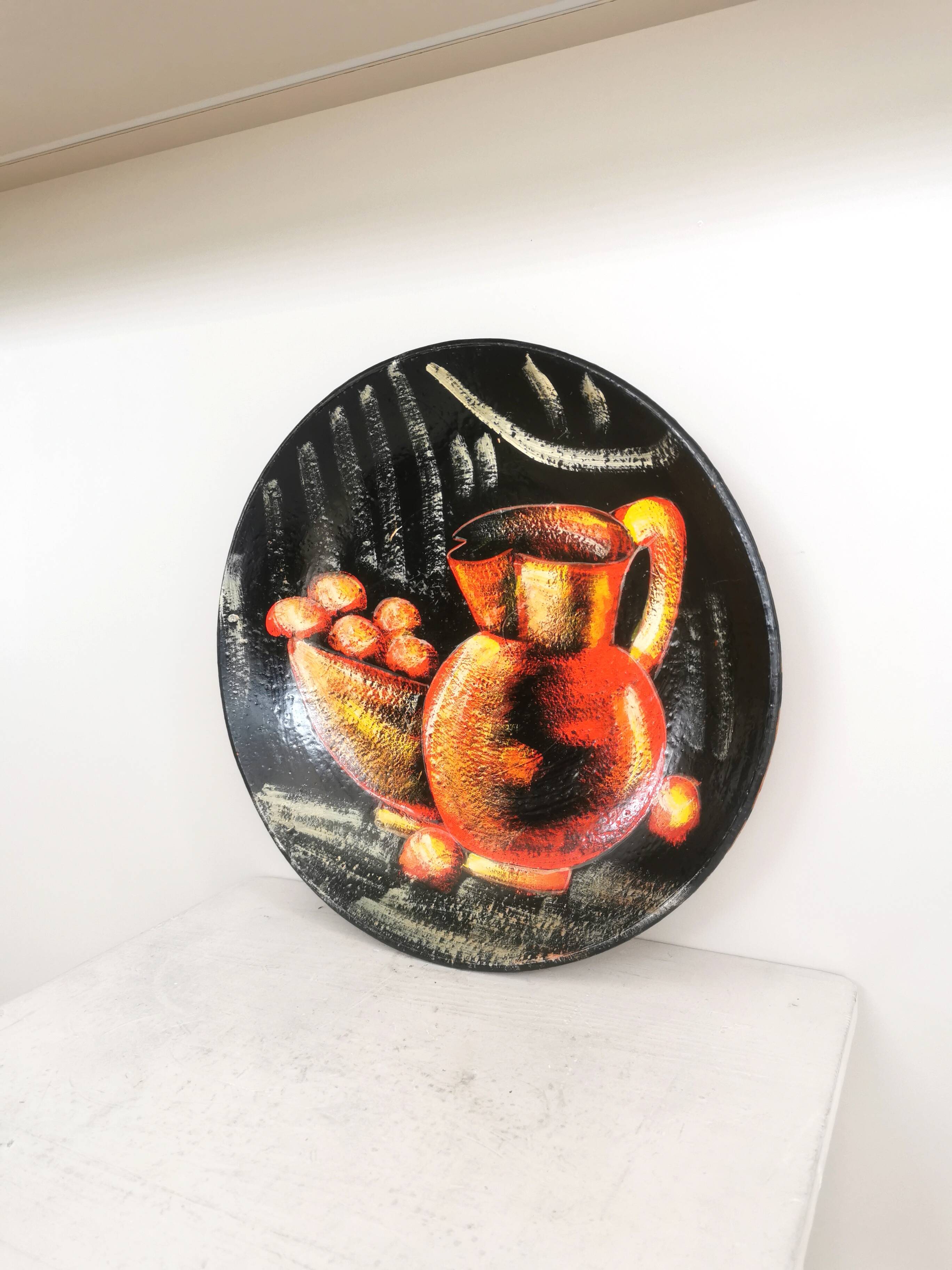 Vintage Hand-Painted Clay Wall Plate: 1970s Yugoslavia Still Life Decor