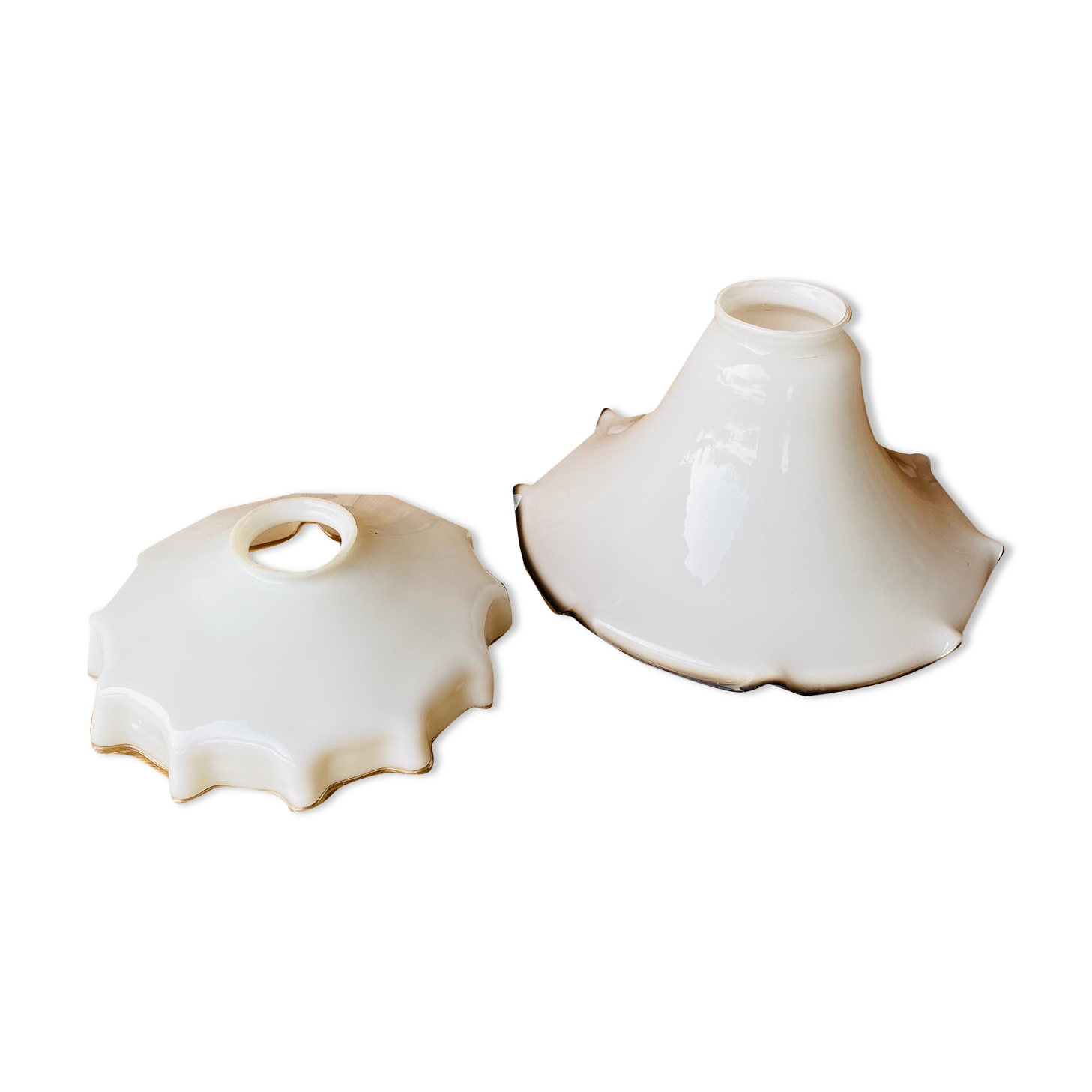 Duo of 2 suspensions in vintage white opaline.
