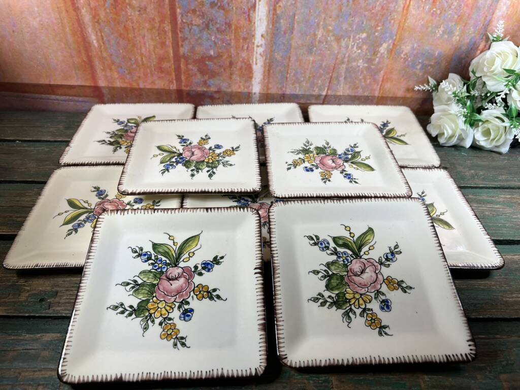 10 Square Dessert Plates by Emile Tessier, Malicorne
