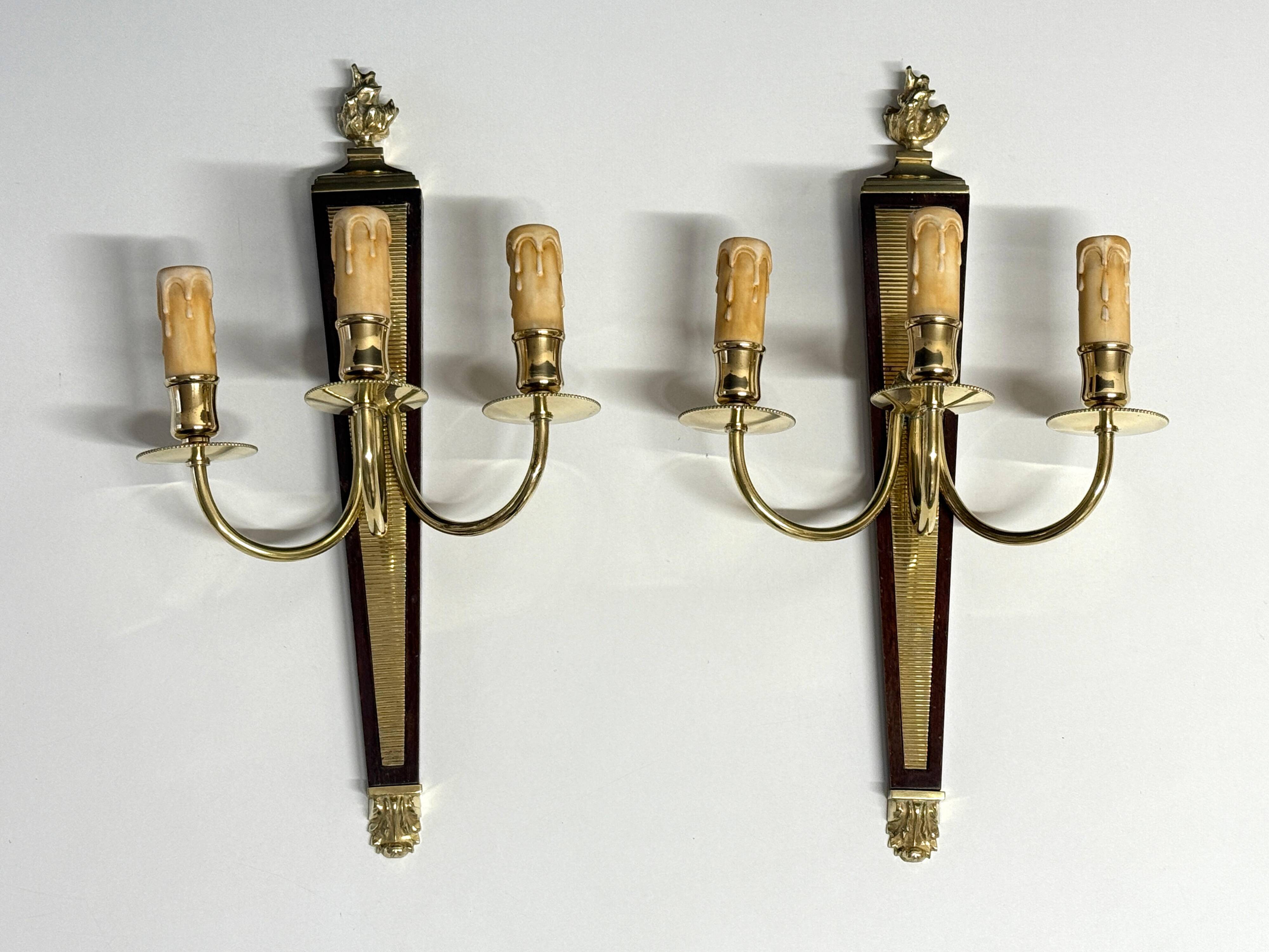Antique Pair of 3-Light Wall Lights - Gilt Bronze and Mahogany - Neoclassical - 40's