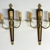 Ancien Paire Appliques 3 Feux - Bronze Doré et Acajou - Néoclassique - 40's