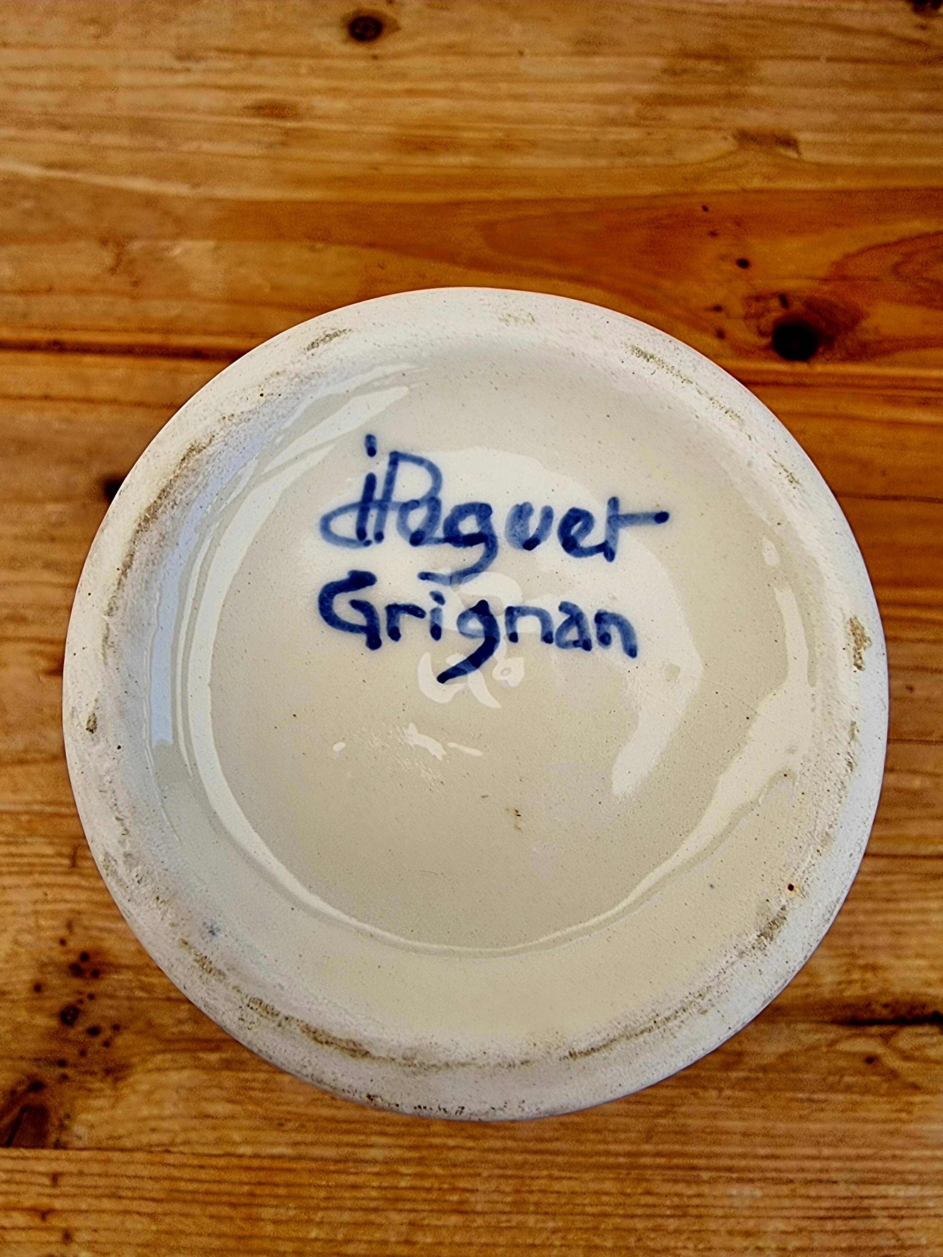 Earthenware vase signed Péguet Grignan – blue decoration – craftsmanship from the Drôme region