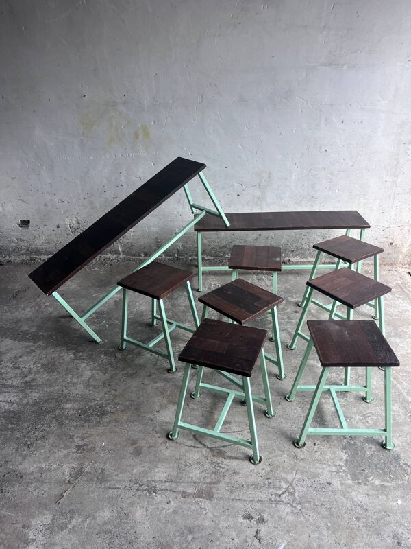 Bancs et tabourets industriels vintage, lot de 9, années 1950–1960