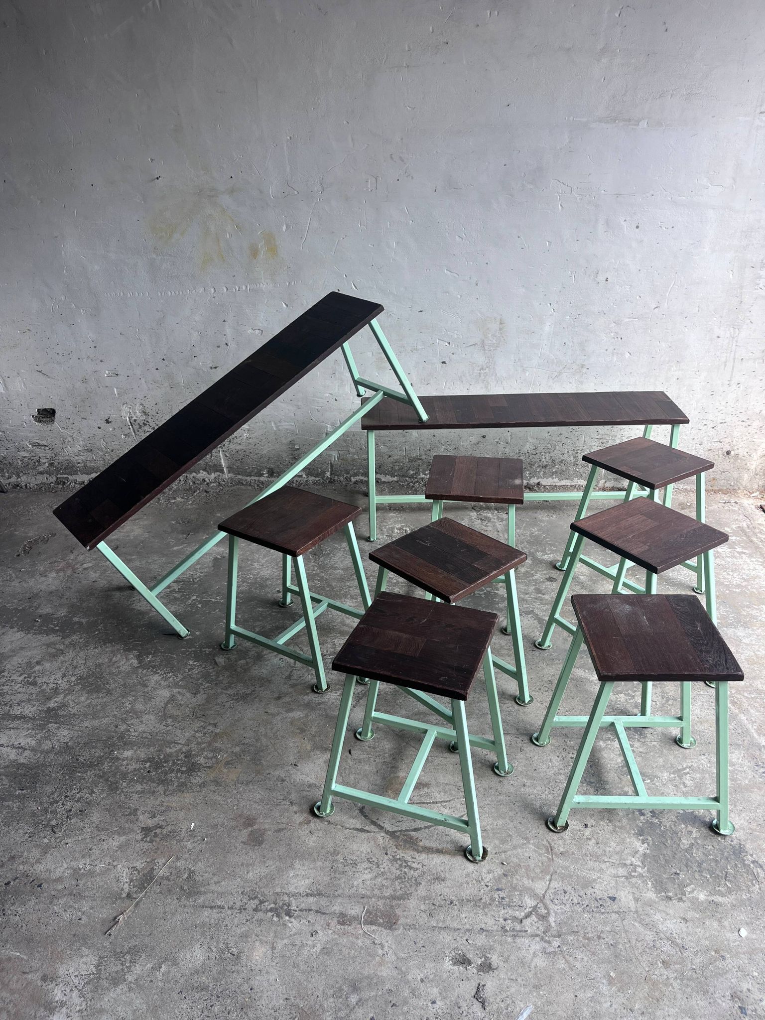 Vintage industrial benches and stools, set of 9, 1950s–1960s