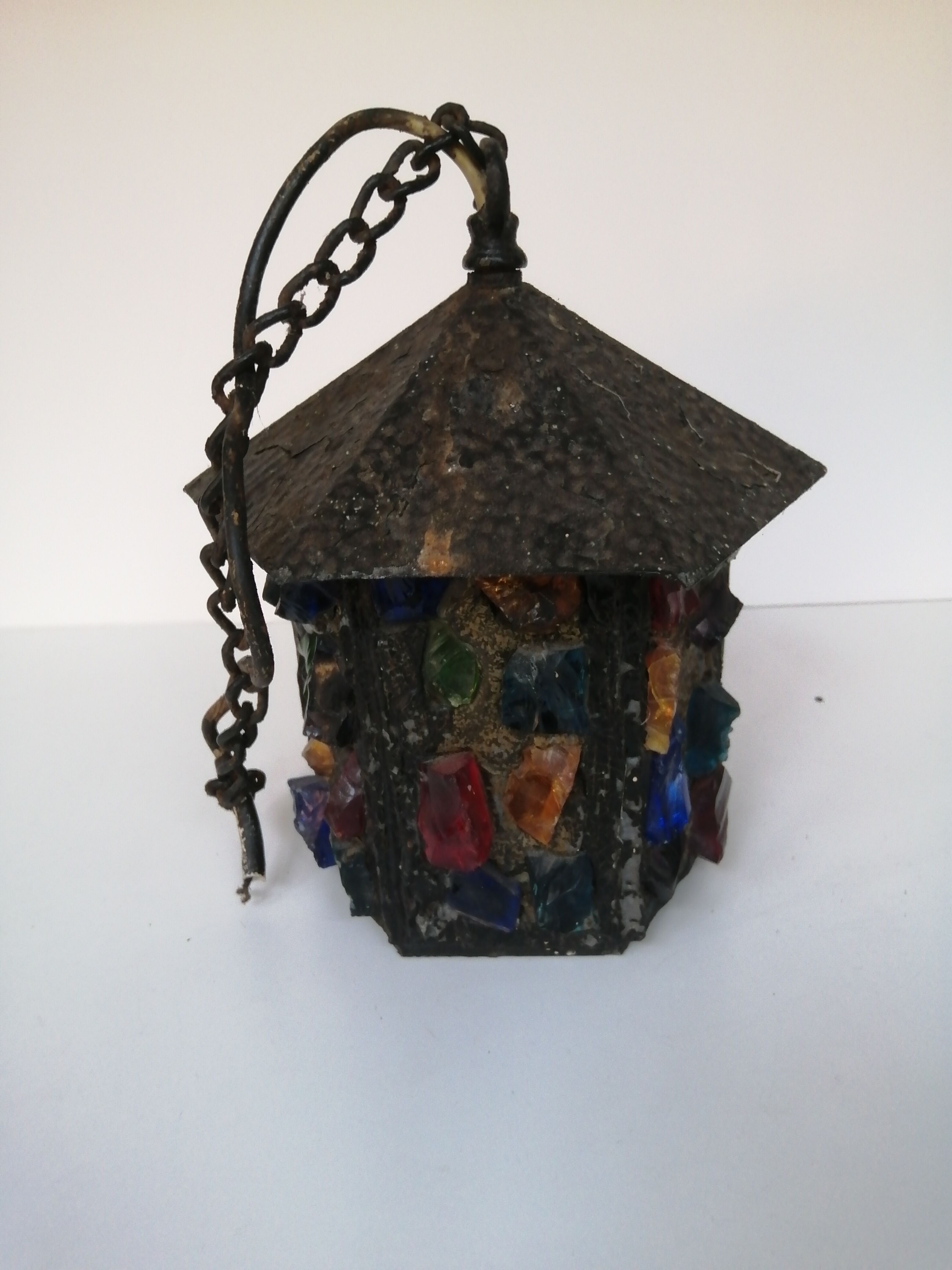 Peter Marsh porch lantern, colored glass, lead and Hammered Sheet metal, 1950s Arts & Crafts