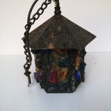 Peter Marsh porch lantern, colored glass, lead and Hammered Sheet metal, 1950s Arts & Crafts