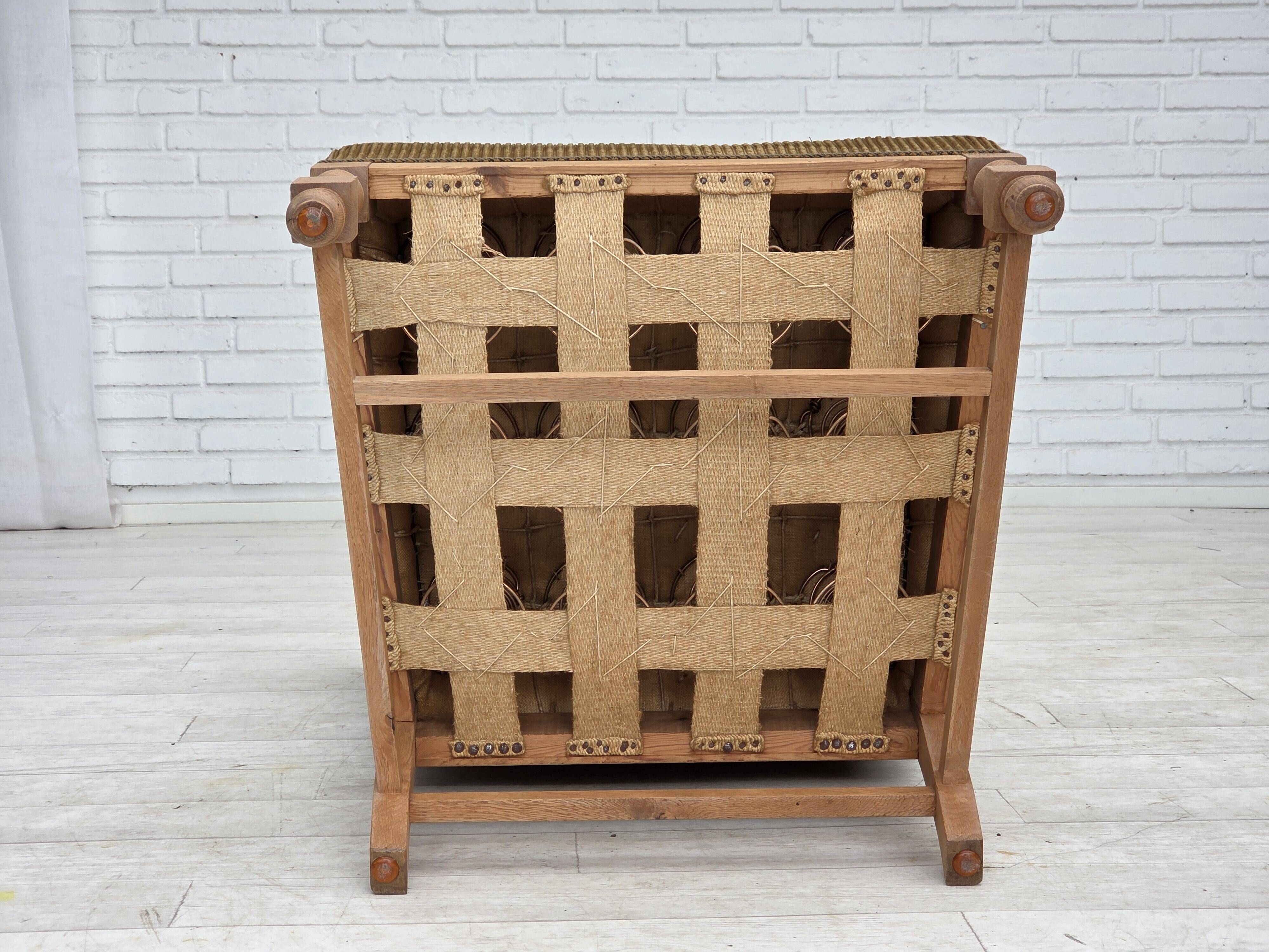 1970s, Scandinavian highback armchair, furniture corduroy, carved oak wood.