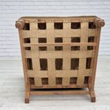 1970s, Scandinavian highback armchair, furniture corduroy, carved oak wood.