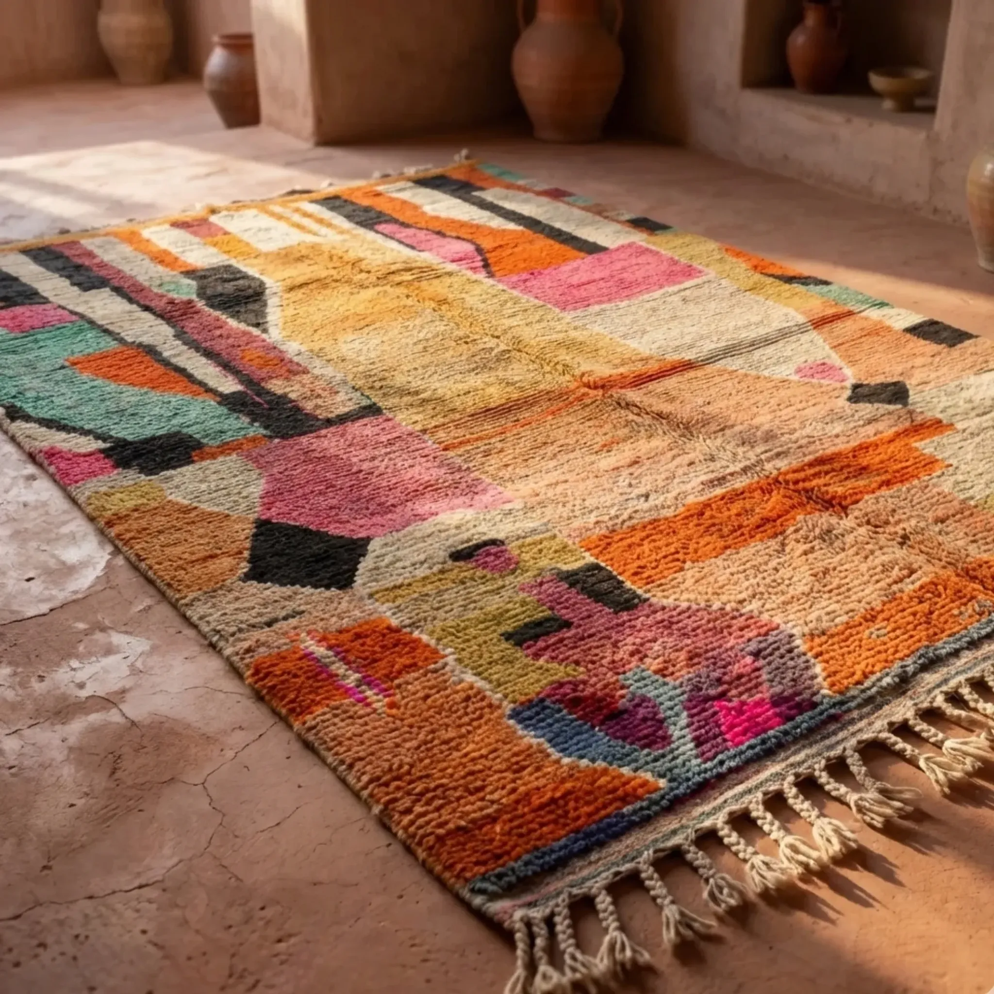 Moroccan handwoven wool rug in colour block peach, pink, teal, and orange, 122x183 cm.