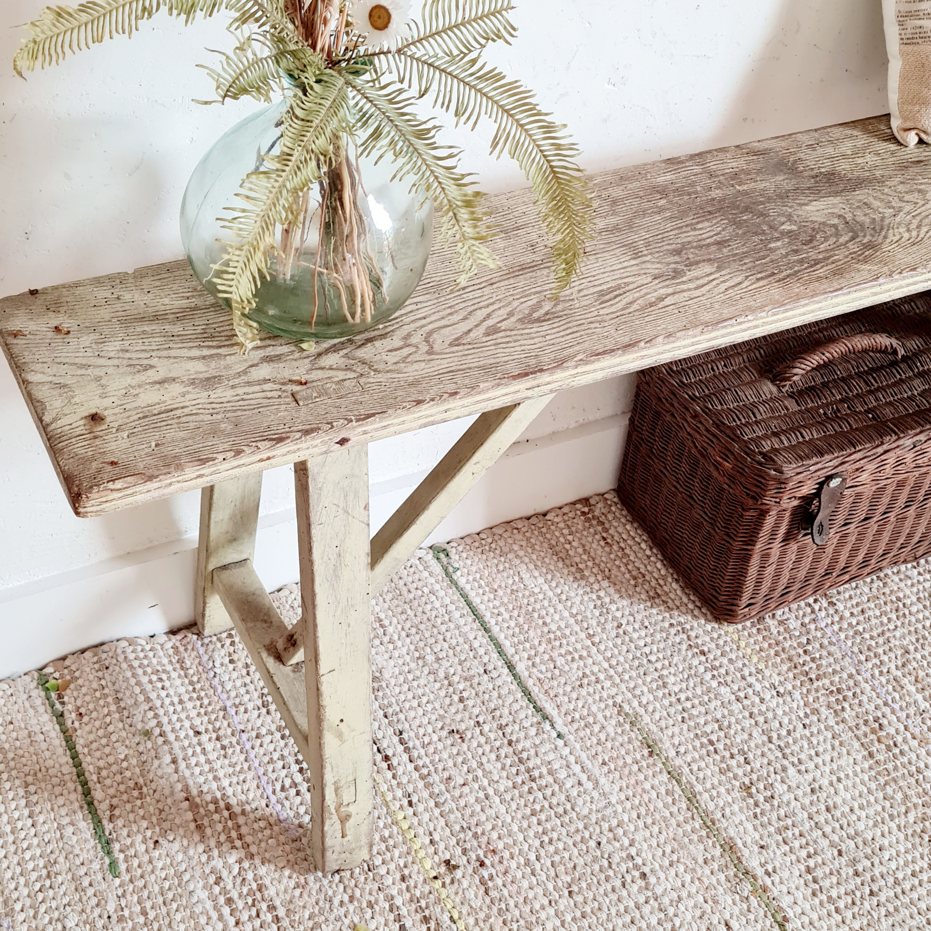 Banc de ferme ancien patine vert d'eau
