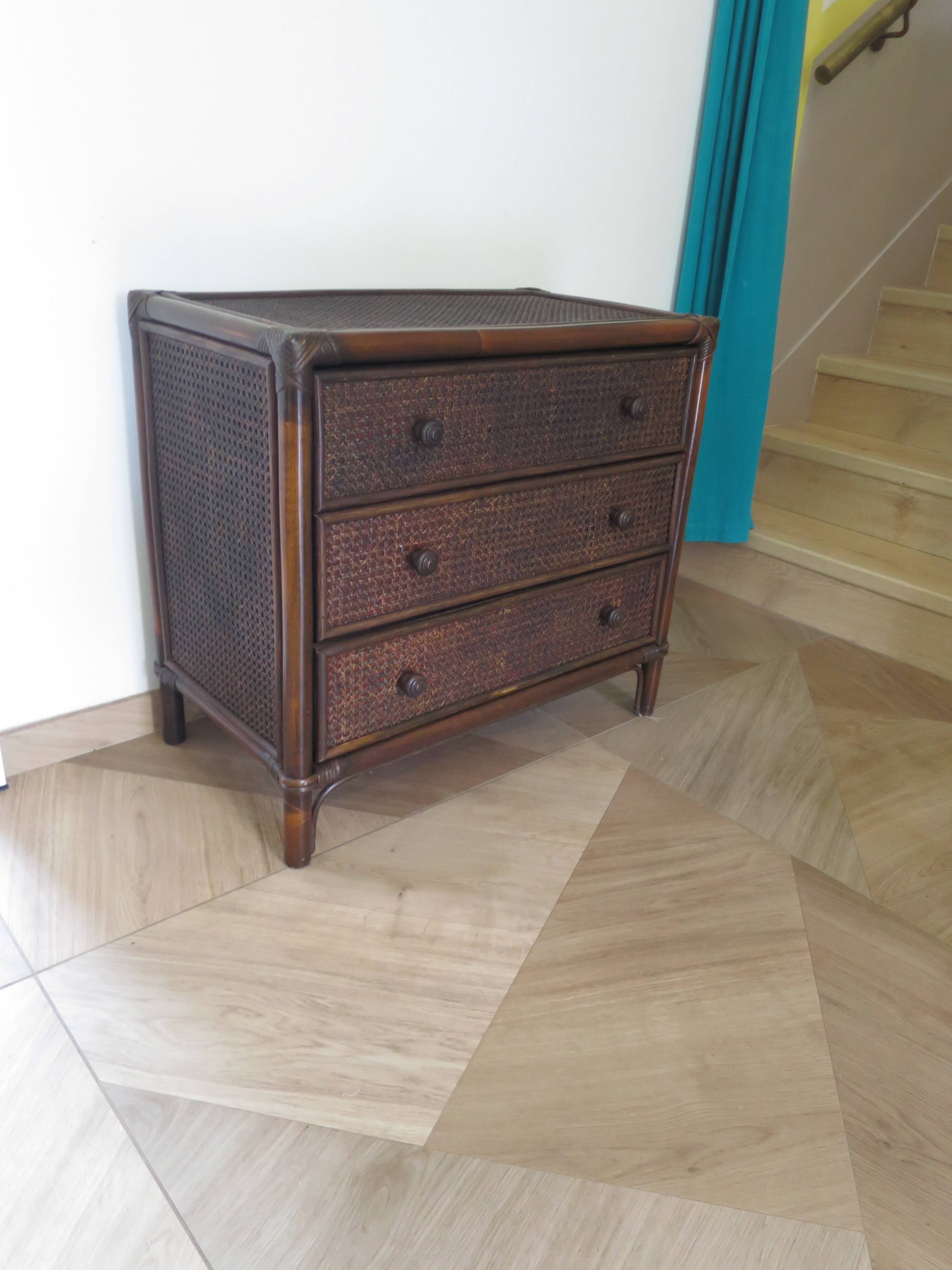 Vintage 3-drawer chest of drawers - wood, bamboo and woven rattan - 1980s