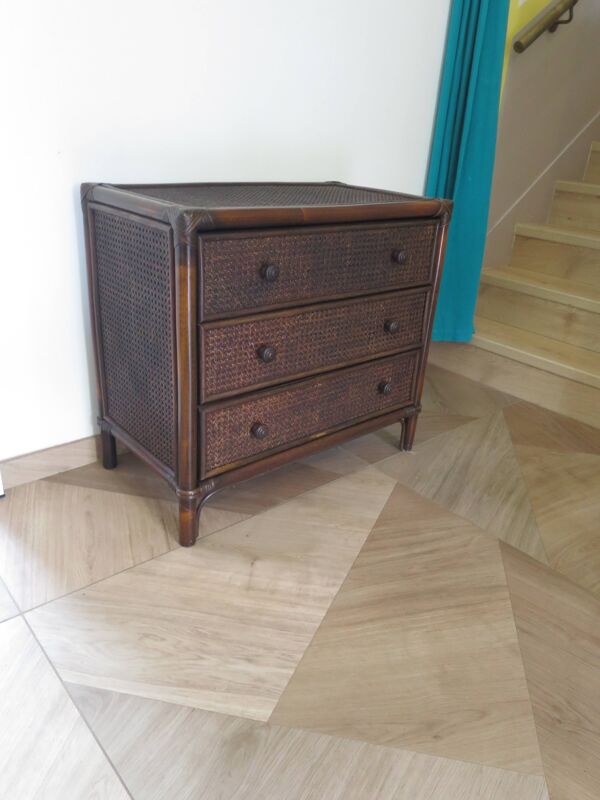 Vintage-commode 3 tioirs -bois bambou et rotin tressé - années 80