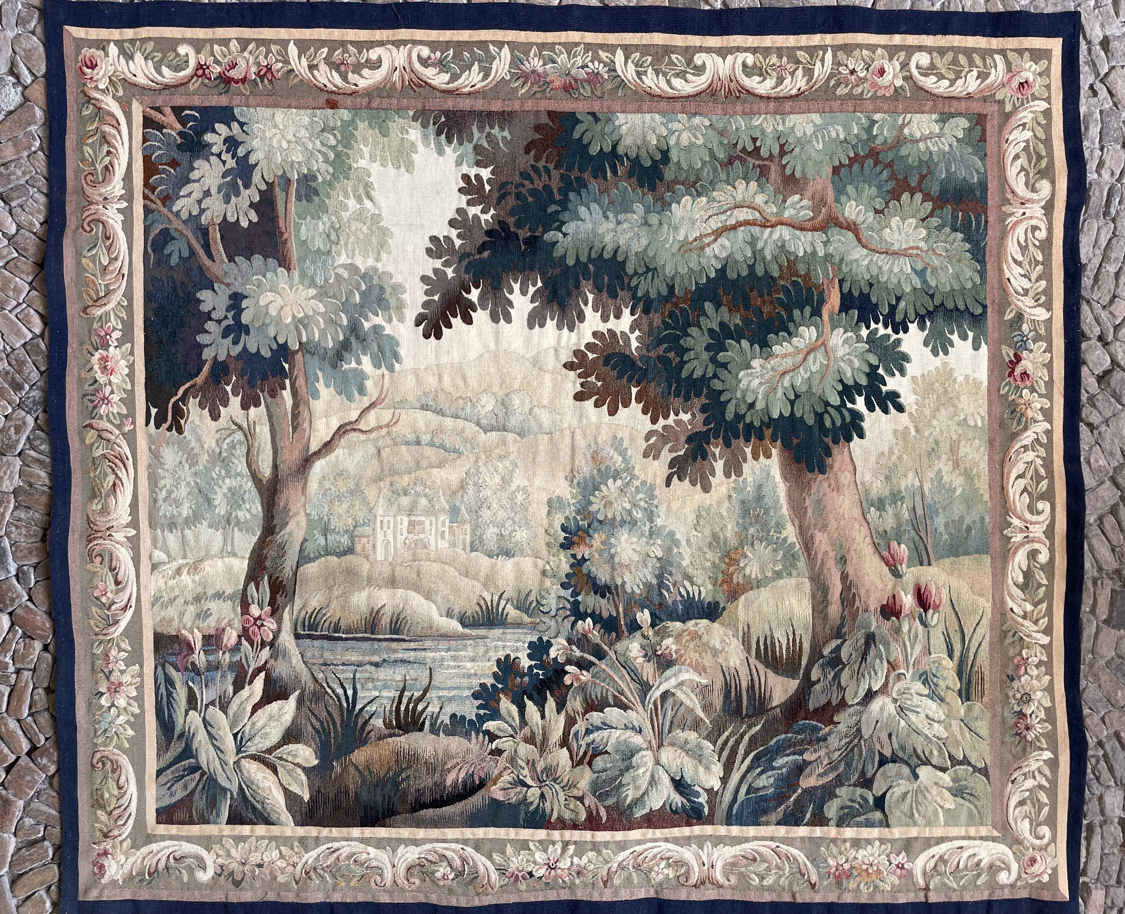 Aubusson tapestry late 19th century, landscape-greenery-castle, wool and silk