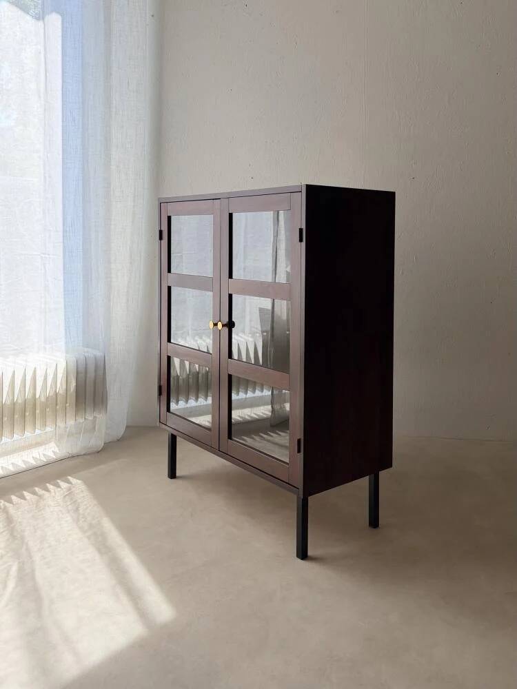 Mid-century display cabinet dark wood glass