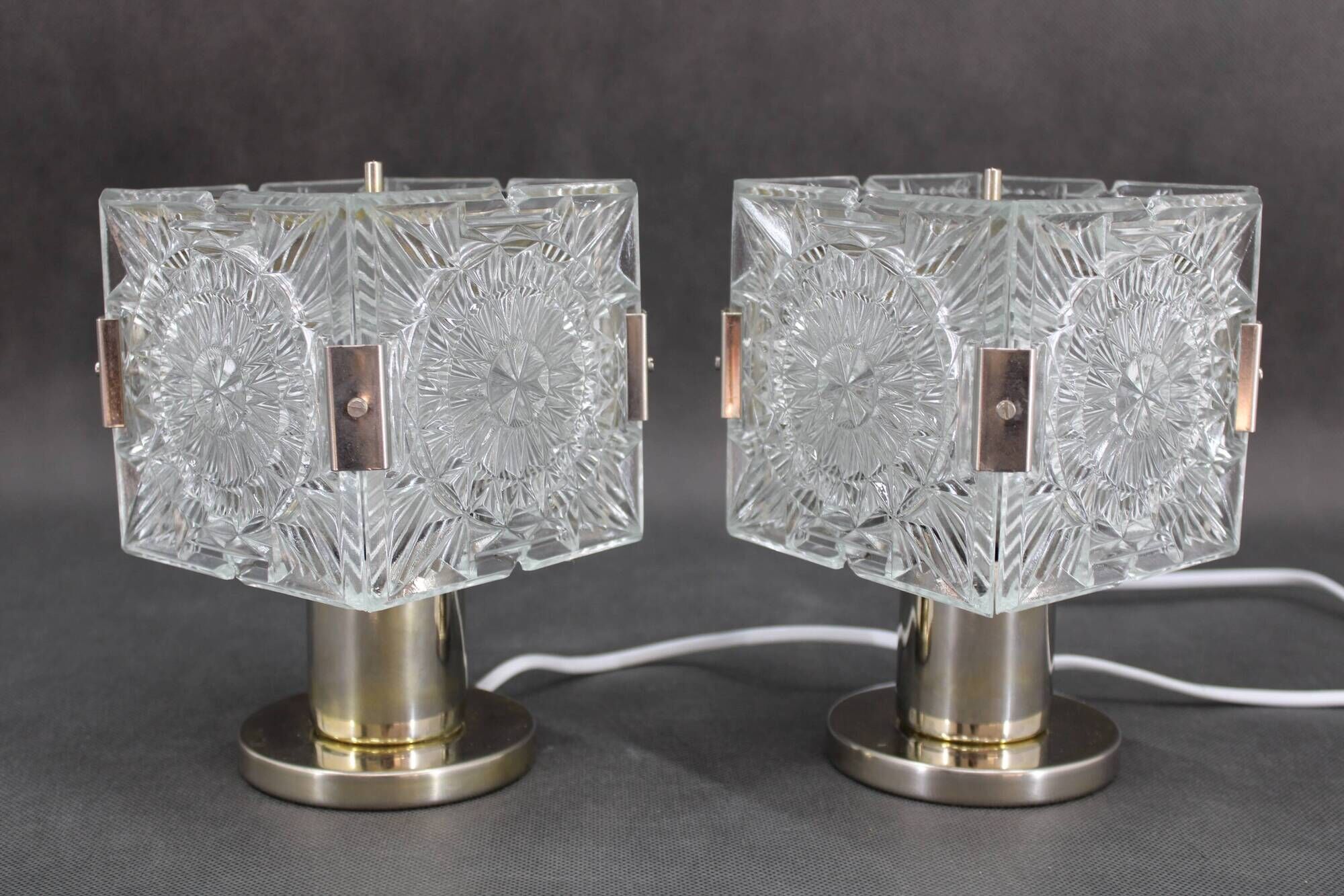 1970s Pair of Brass/Glass Table Lamps by Kamenicky Senov, Czechoslovakia