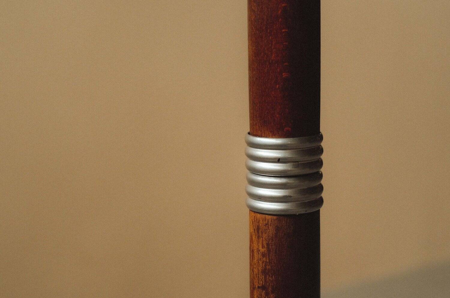Art Deco floor lamp in oak, metal and glass, circa 1930