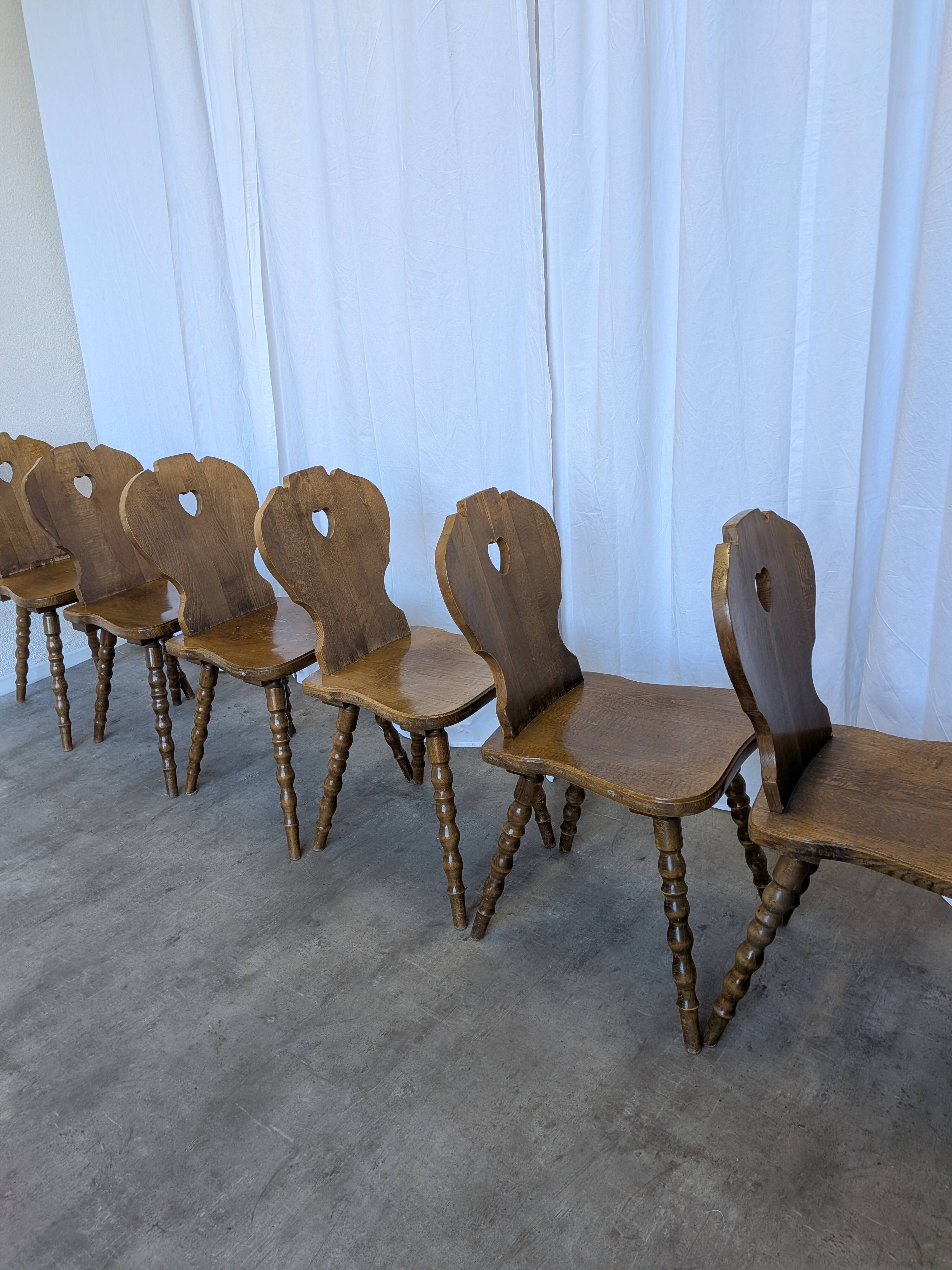 Set of 6 Vintage Tyrolean Heart Cutout Wooden Dining Chairs / Darker Brown