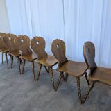 Set of 6 Vintage Tyrolean Heart Cutout Wooden Dining Chairs / Darker Brown