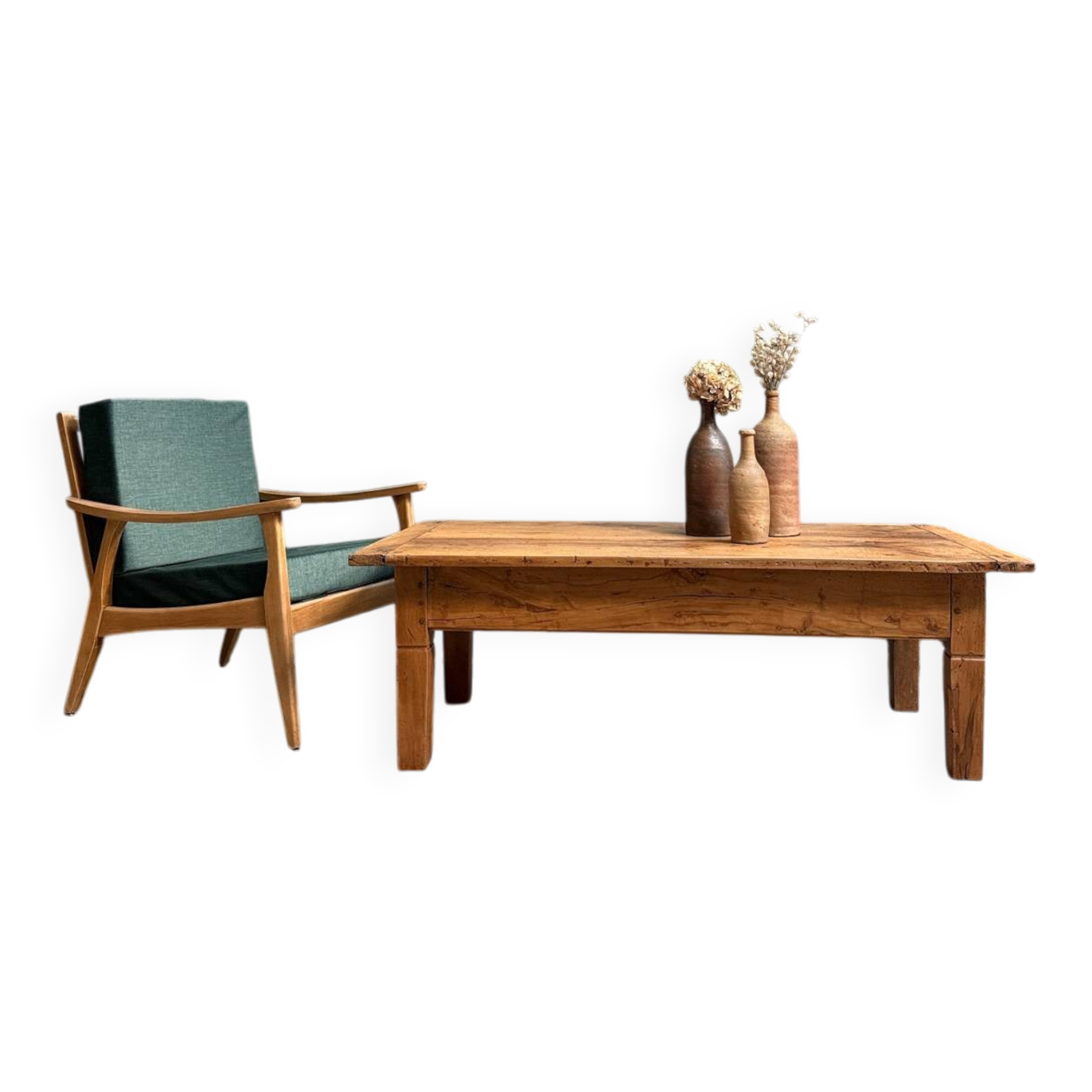 Large vintage coffee table in solid wood (renovated)