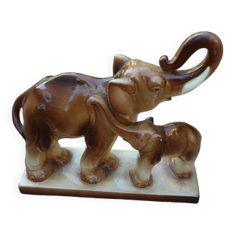 Ceramic "Elephant and its little one", Art Deco 1930 St Clément, Charles Lemanceau