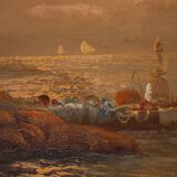 Seascape painting signed by Remo Testa, fishermen at sunset