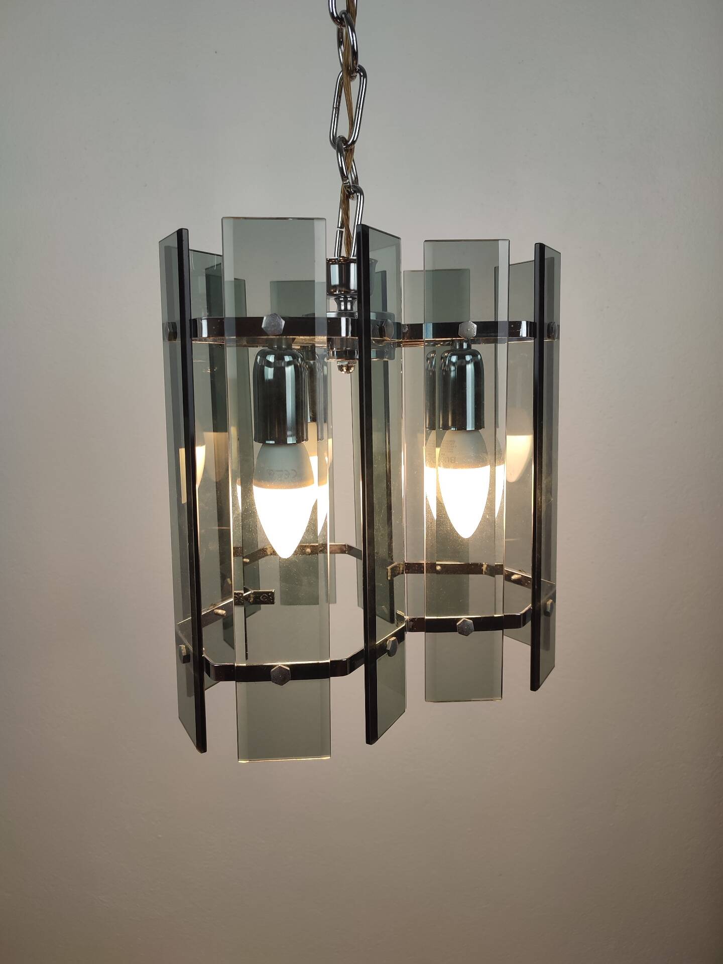 Mid-Century Suspension in Smoked Glass and Chrome Metal, Veca Style