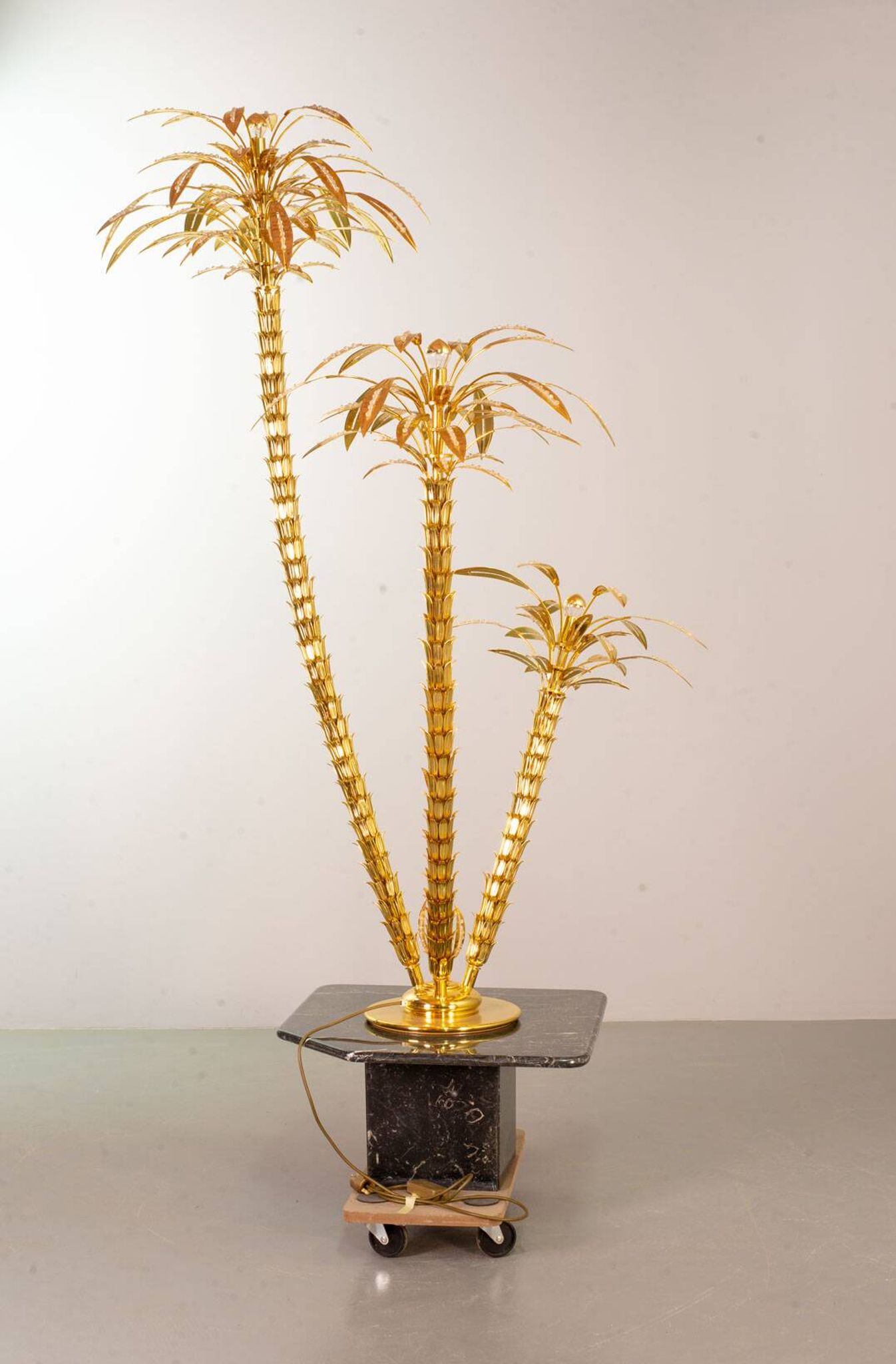 Exquisite Italian Golden Palm Tree Floor Lamp with 3 Sparkling Branches 70s