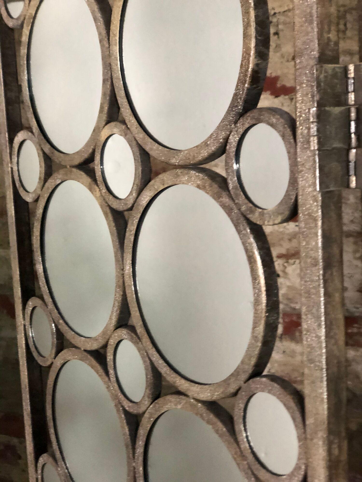 Screen 3 panels of round mirrors frame metalized iron aged