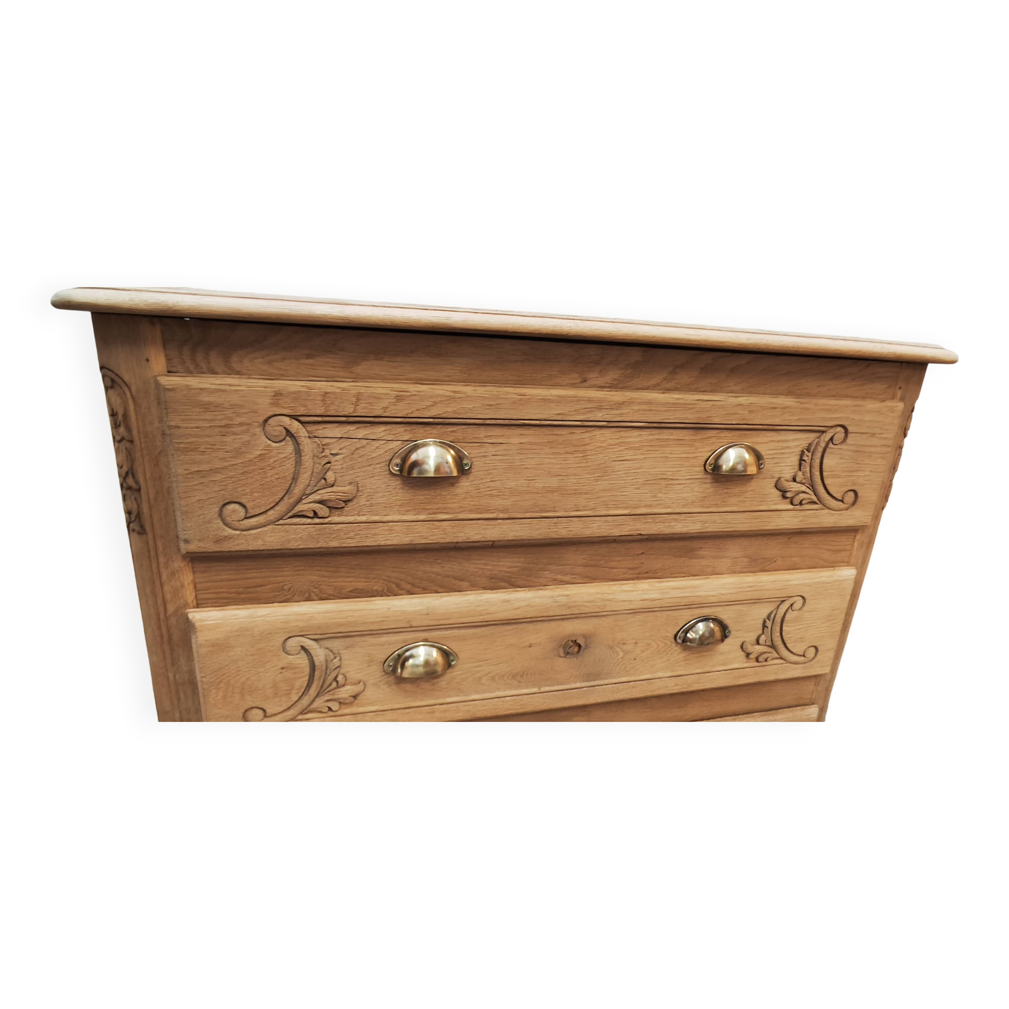 Old chest of drawers with three drawers in raw solid oak