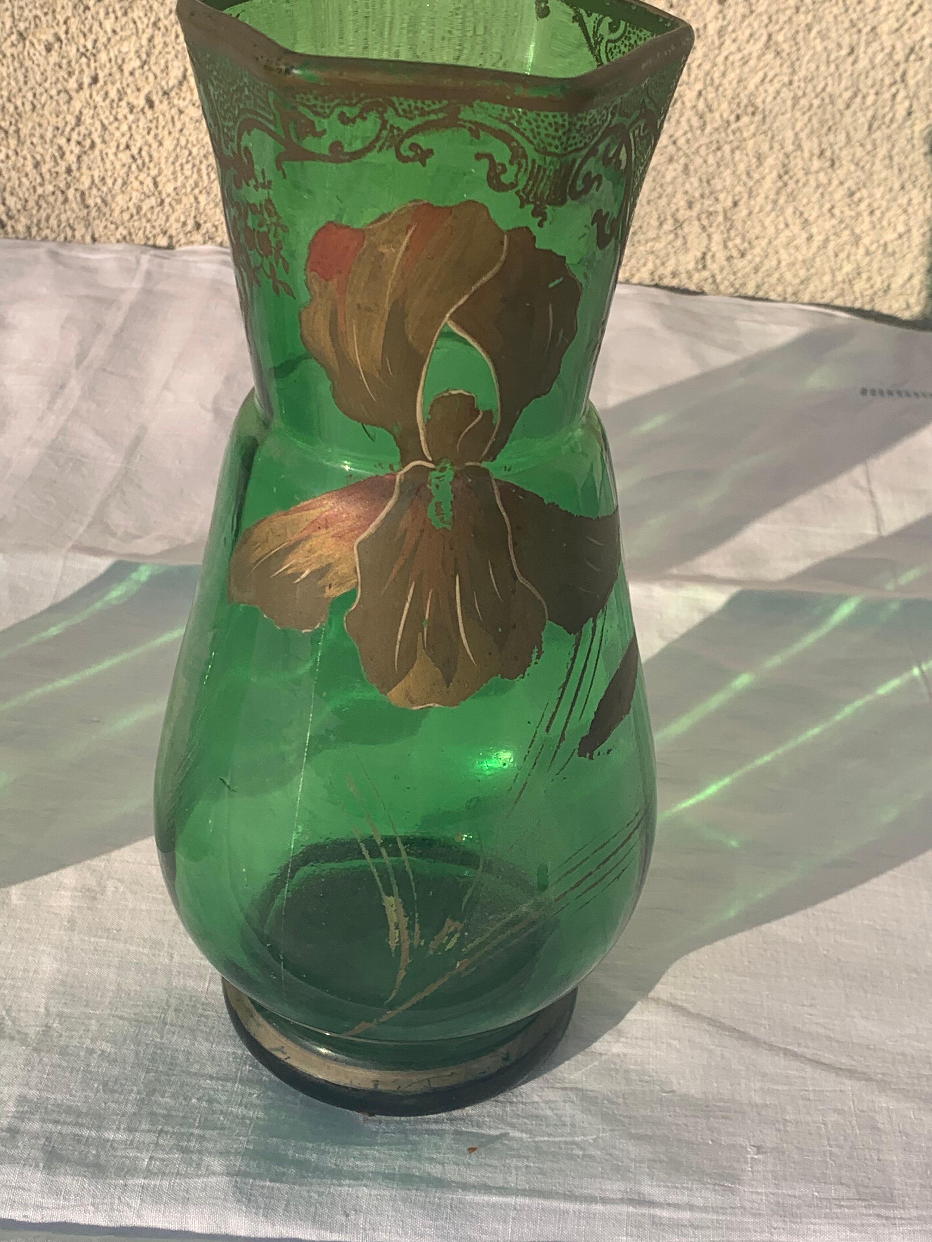 Pair of iris vases gilded transparent glass green and iris hand painted art nouveau, collector